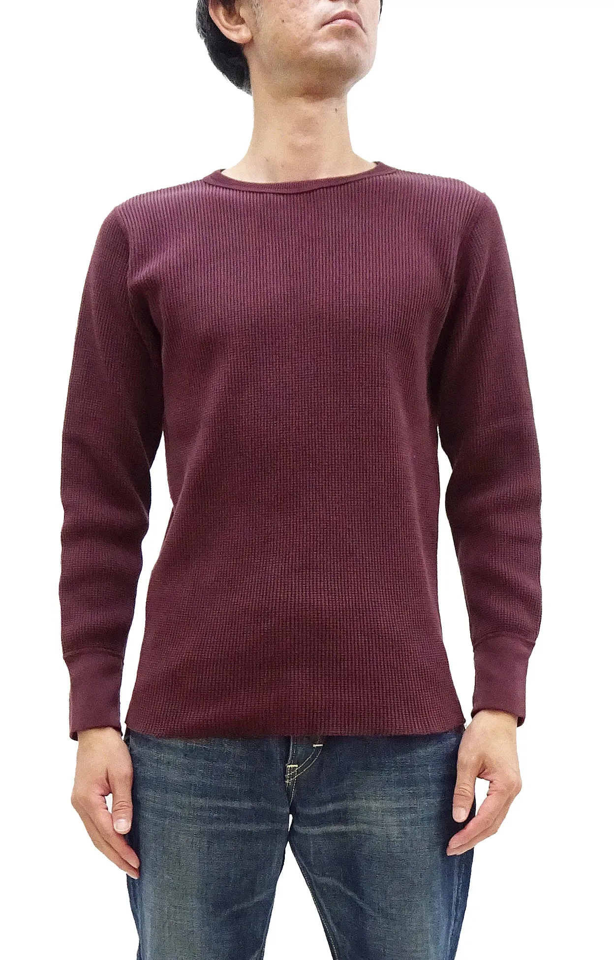 Studio D'artisan Waffle-Knit Thermal T-Shirt Men's Casual Long Sleeve Plain Crew-Neck Heavyweight Thermal Tee 9936 Burgundy