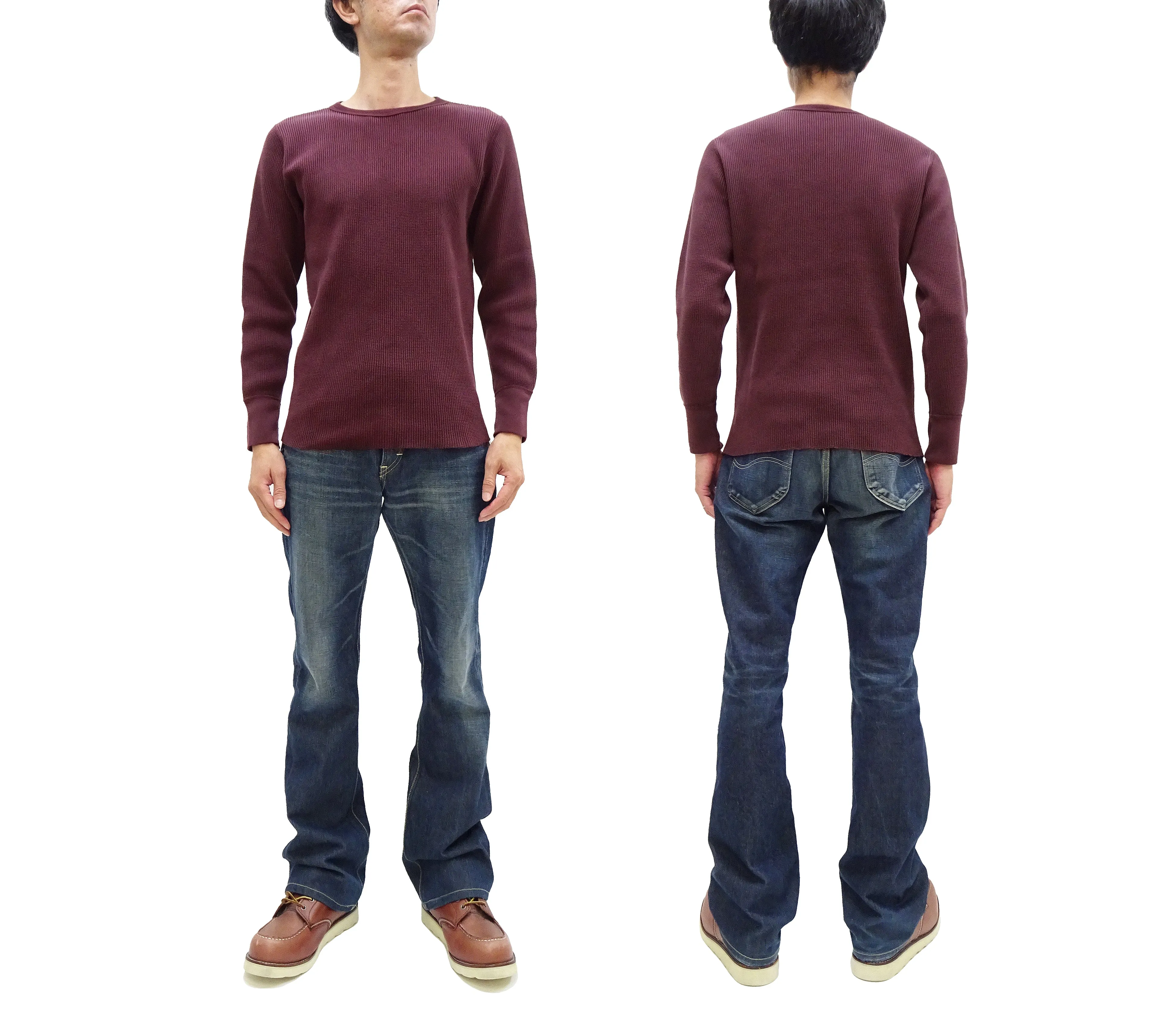 Studio D'artisan Waffle-Knit Thermal T-Shirt Men's Casual Long Sleeve Plain Crew-Neck Heavyweight Thermal Tee 9936 Burgundy