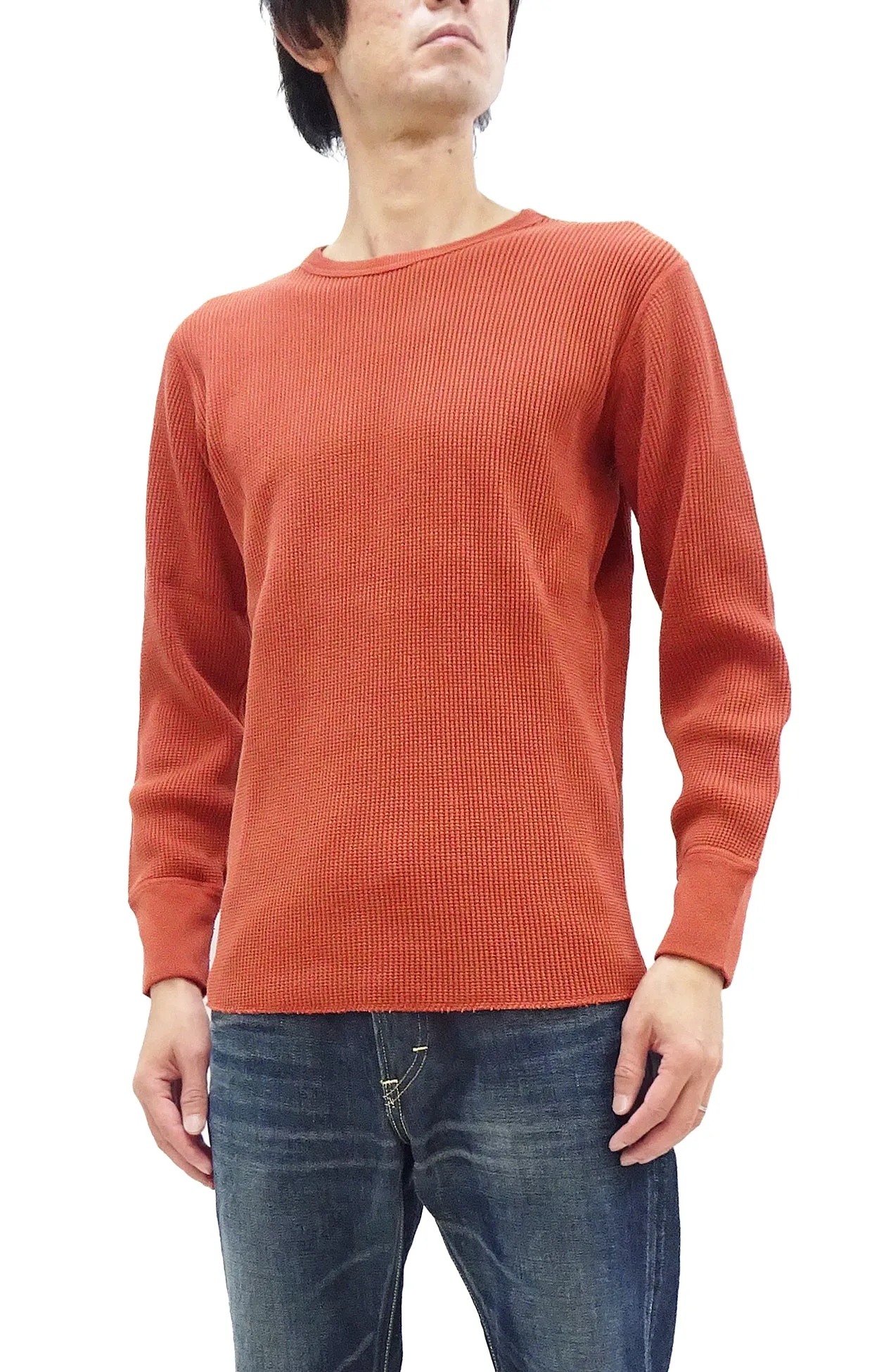 Studio D'artisan Waffle-Knit Thermal T-Shirt Men's Casual Long Sleeve Plain Crew-Neck Heavyweight Thermal Tee 9936 Burnt Sienna (deep red-brown color)