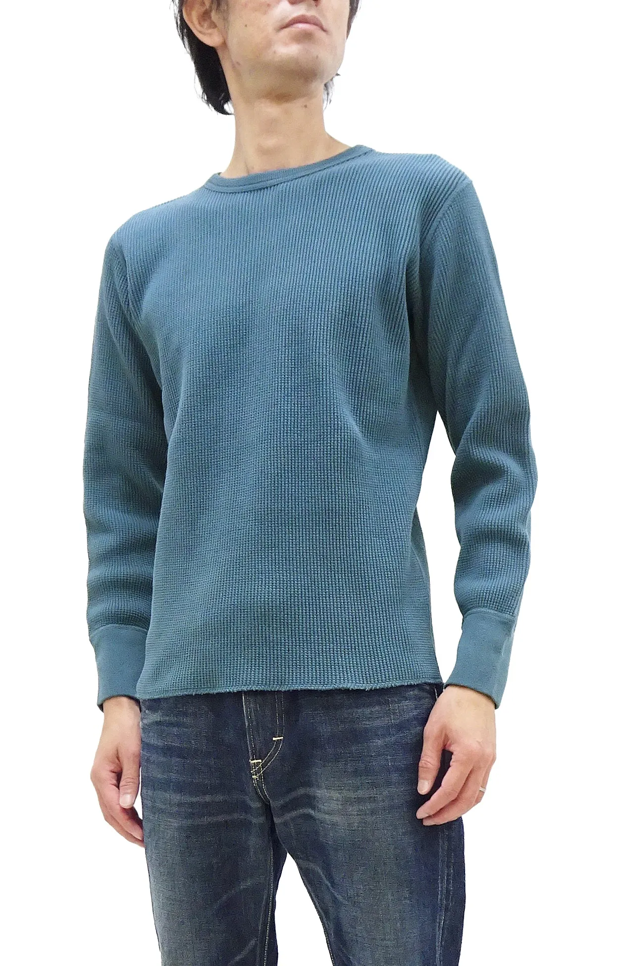 Studio D'artisan Waffle-Knit Thermal T-Shirt Men's Casual Long Sleeve Plain Crew-Neck Heavyweight Thermal Tee 9936 Faded-Blue