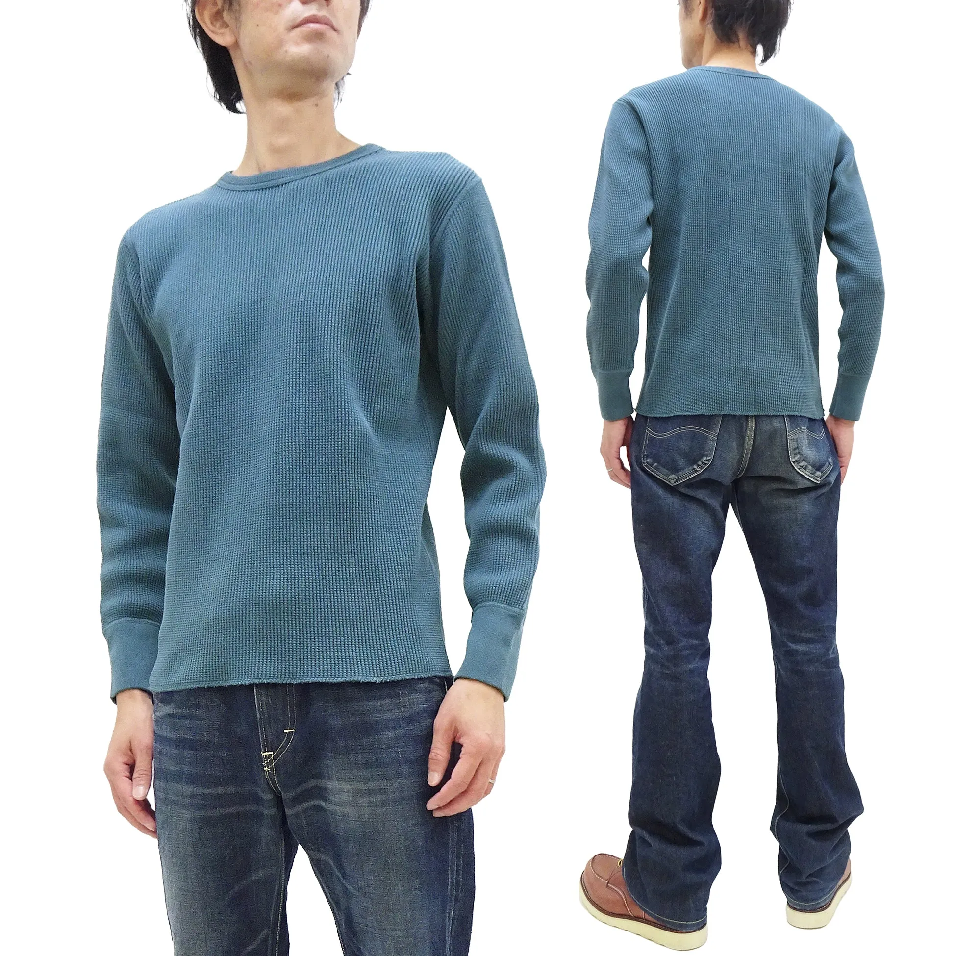 Studio D'artisan Waffle-Knit Thermal T-Shirt Men's Casual Long Sleeve Plain Crew-Neck Heavyweight Thermal Tee 9936 Faded-Blue