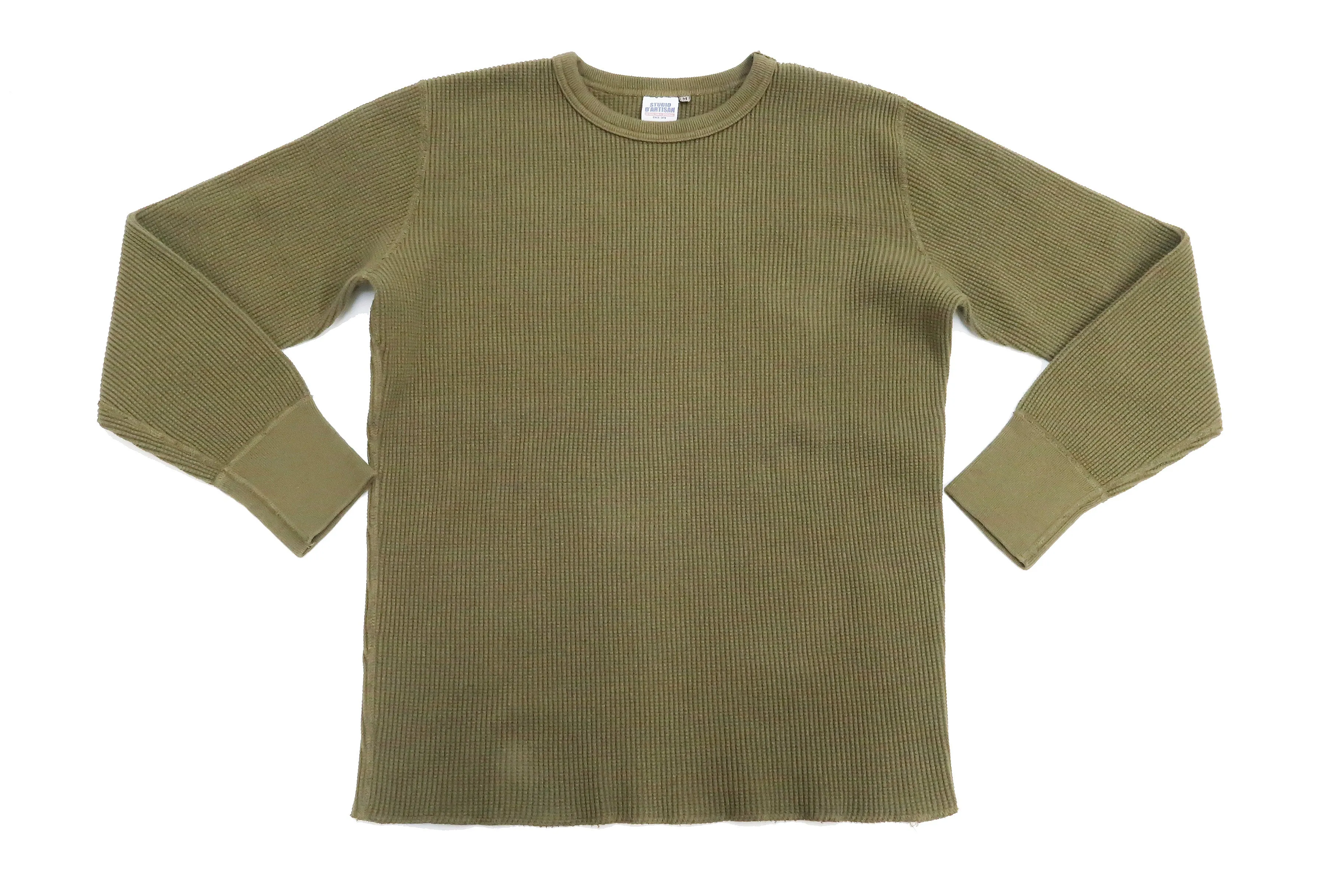 Studio D'artisan Waffle-Knit Thermal T-Shirt Men's Casual Long Sleeve Plain Crew-Neck Heavyweight Thermal Tee 9936 Khaki