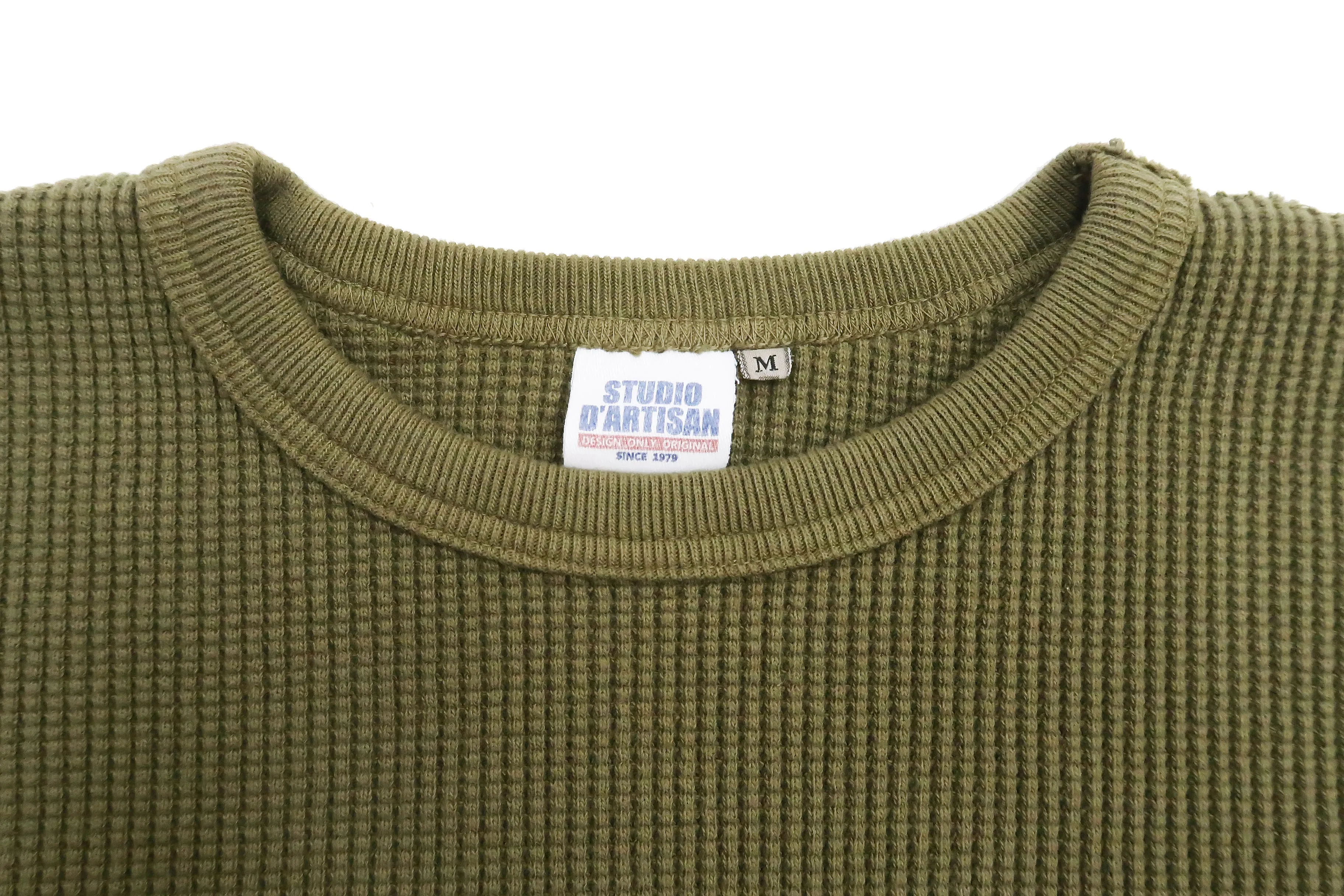 Studio D'artisan Waffle-Knit Thermal T-Shirt Men's Casual Long Sleeve Plain Crew-Neck Heavyweight Thermal Tee 9936 Khaki