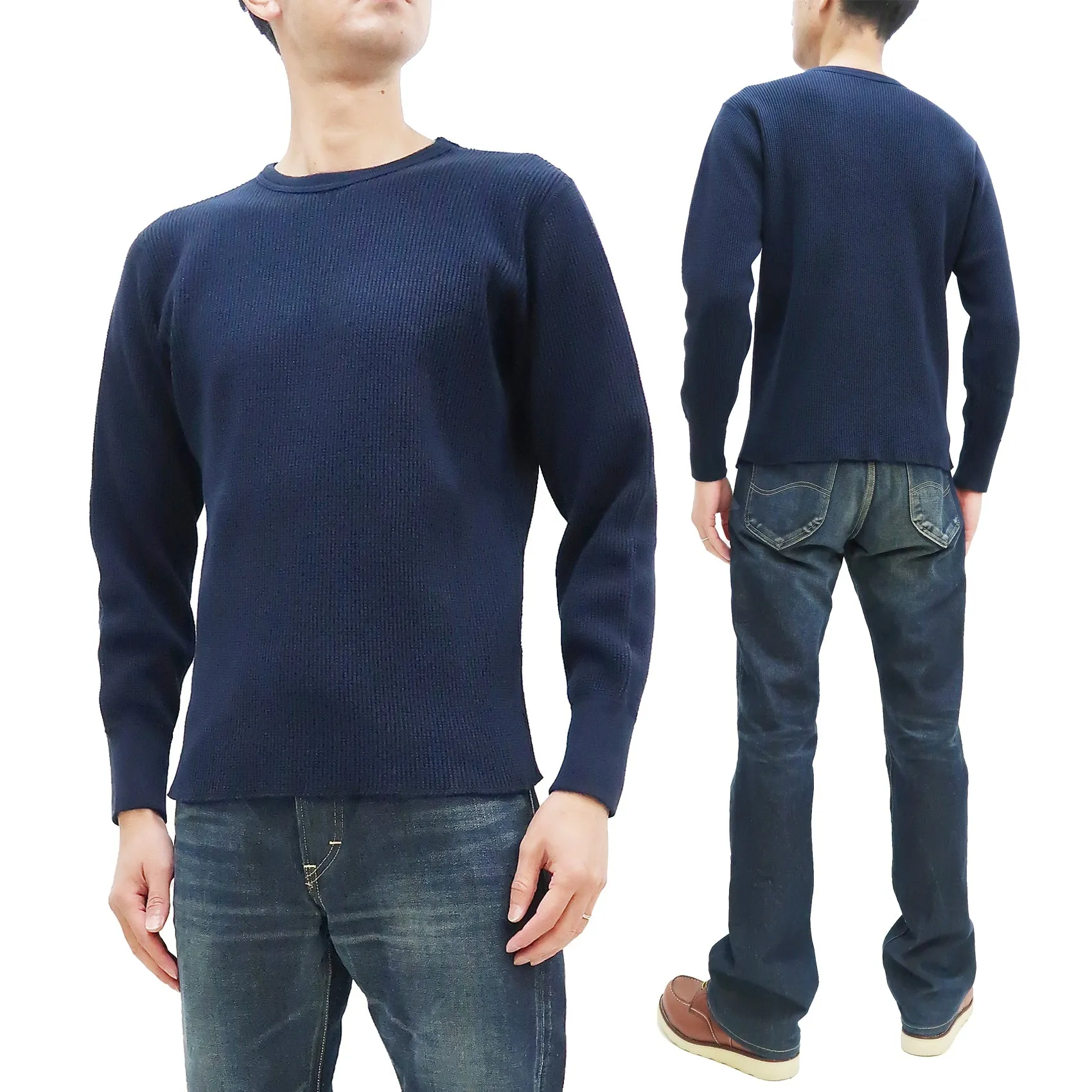 Studio D'artisan Waffle-Knit Thermal T-Shirt Men's Casual Long Sleeve Plain Crew-Neck Heavyweight Thermal Tee 9936 Navy-Blue