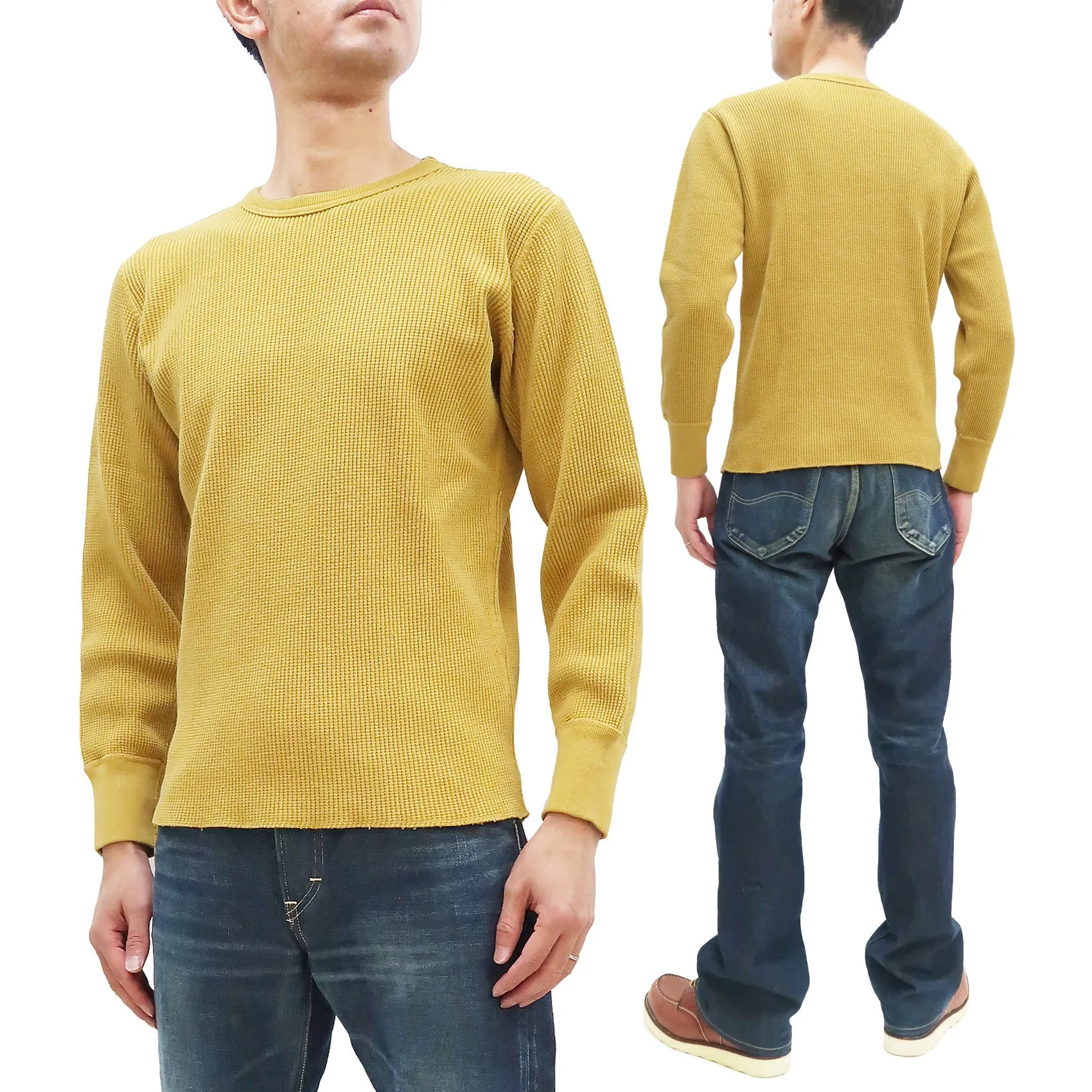 Studio D'artisan Waffle-Knit Thermal T-Shirt Men's Casual Long Sleeve Plain Crew-Neck Heavyweight Thermal Tee 9936 Yellow