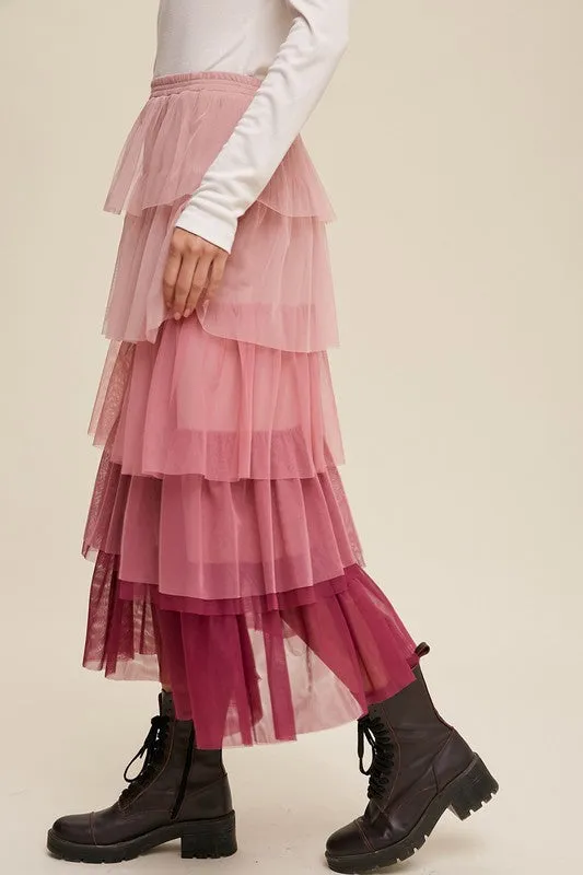 TEEK - Magenta Gradient Tiered Mesh Skirt