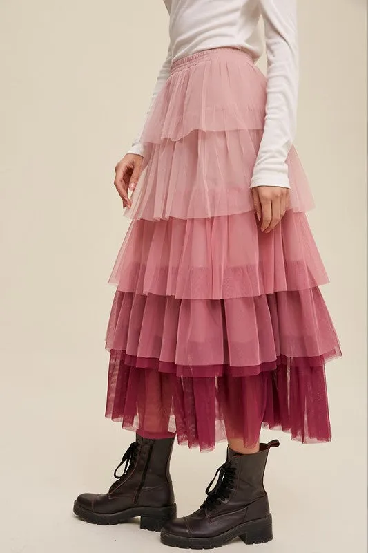 TEEK - Magenta Gradient Tiered Mesh Skirt