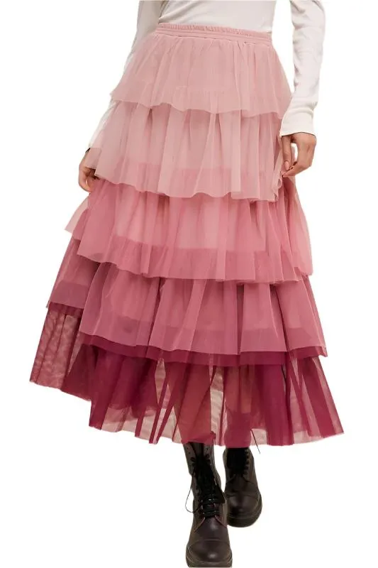 TEEK - Magenta Gradient Tiered Mesh Skirt