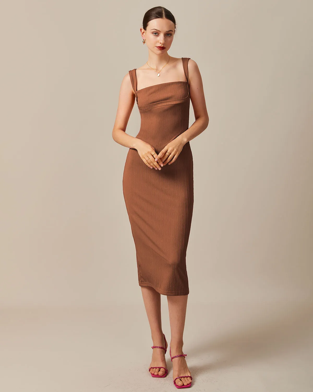 The Caramel Square Neck Ribbed Midi Dress