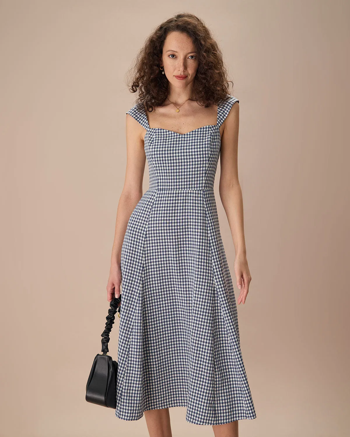 The Navy Plaid Shirred Back Midi Dress