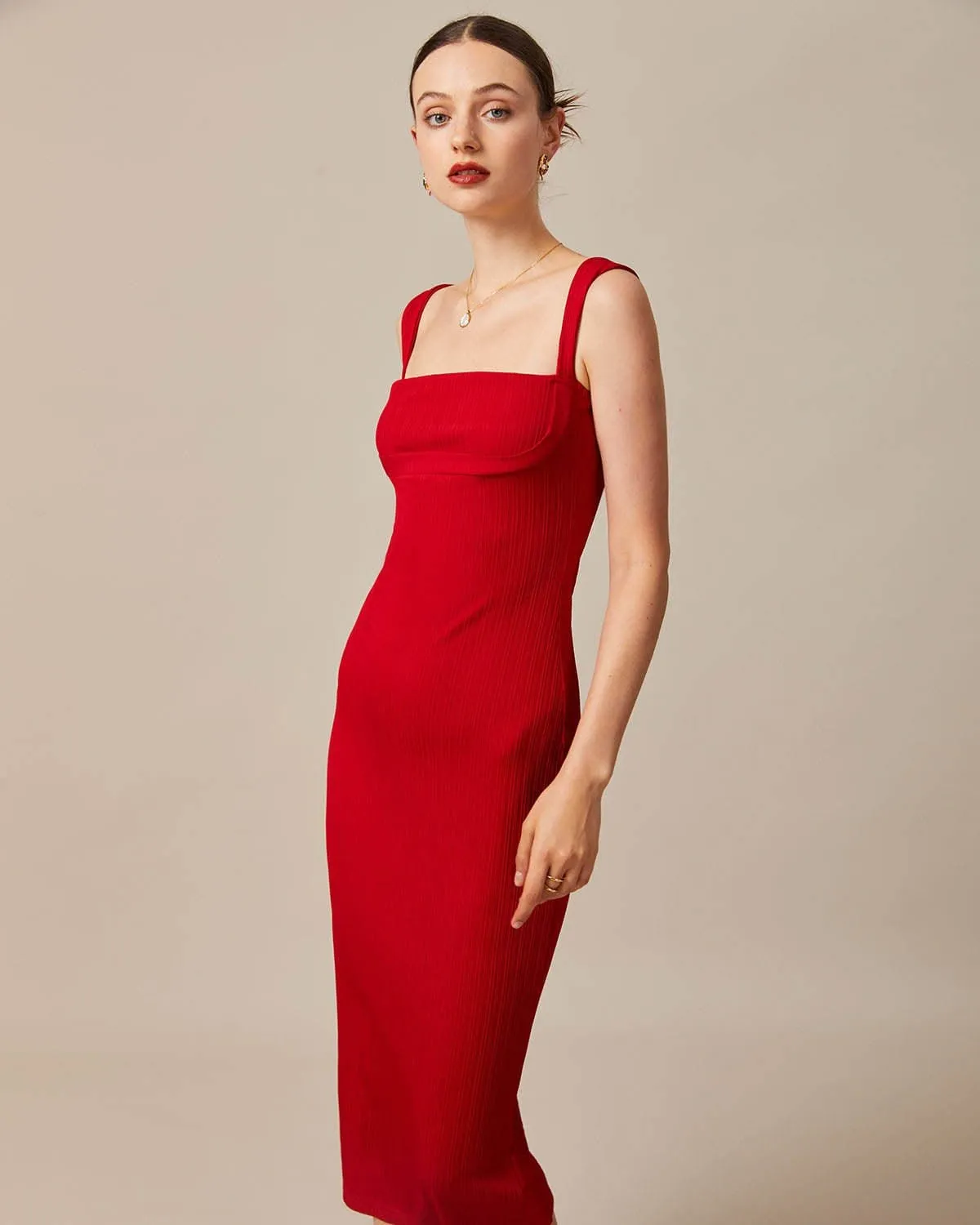 The Red Square Neck Ribbed Midi Dress