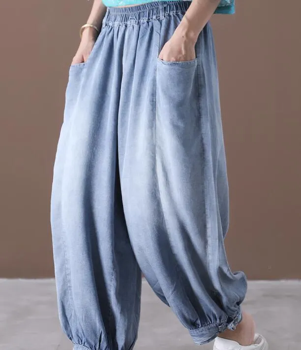 Thin Denim Summer Loose Wide Leg Women Casual Pants Elastic Waist WG05131