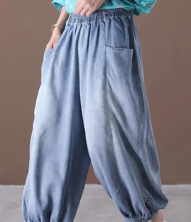 Thin Denim Summer Loose Wide Leg Women Casual Pants Elastic Waist WG05131