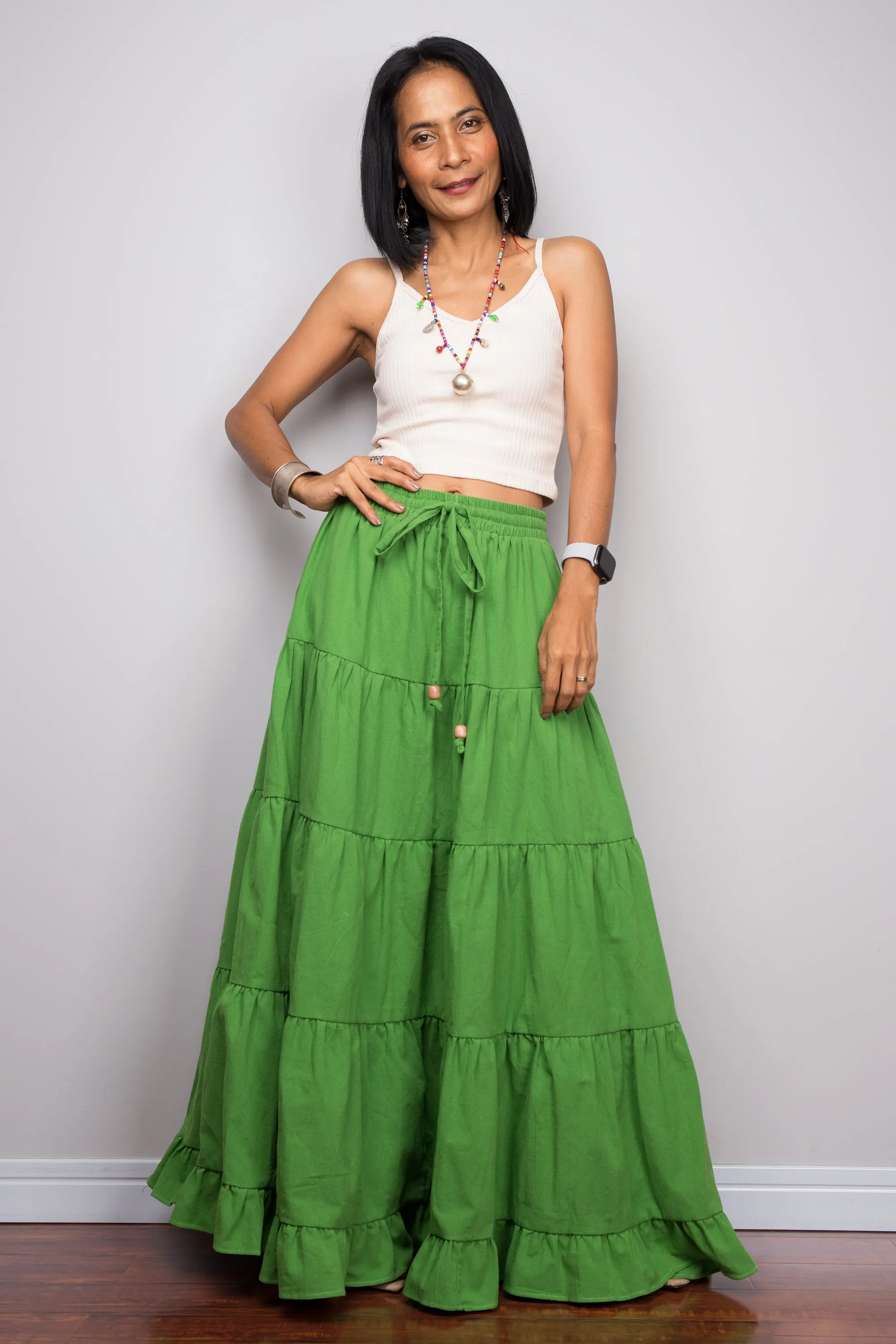 Tiered green peasant maxi skirt