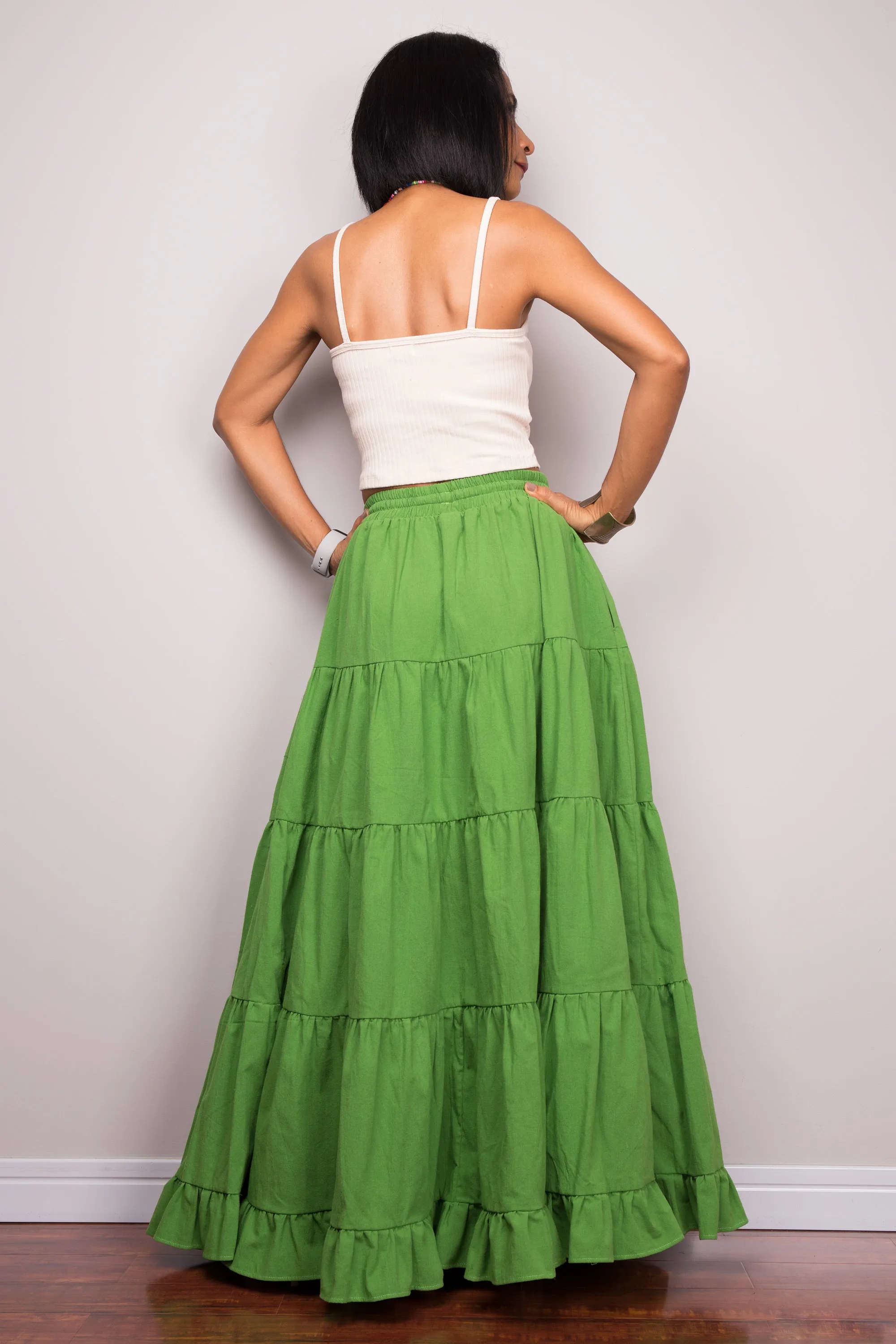 Tiered green peasant maxi skirt