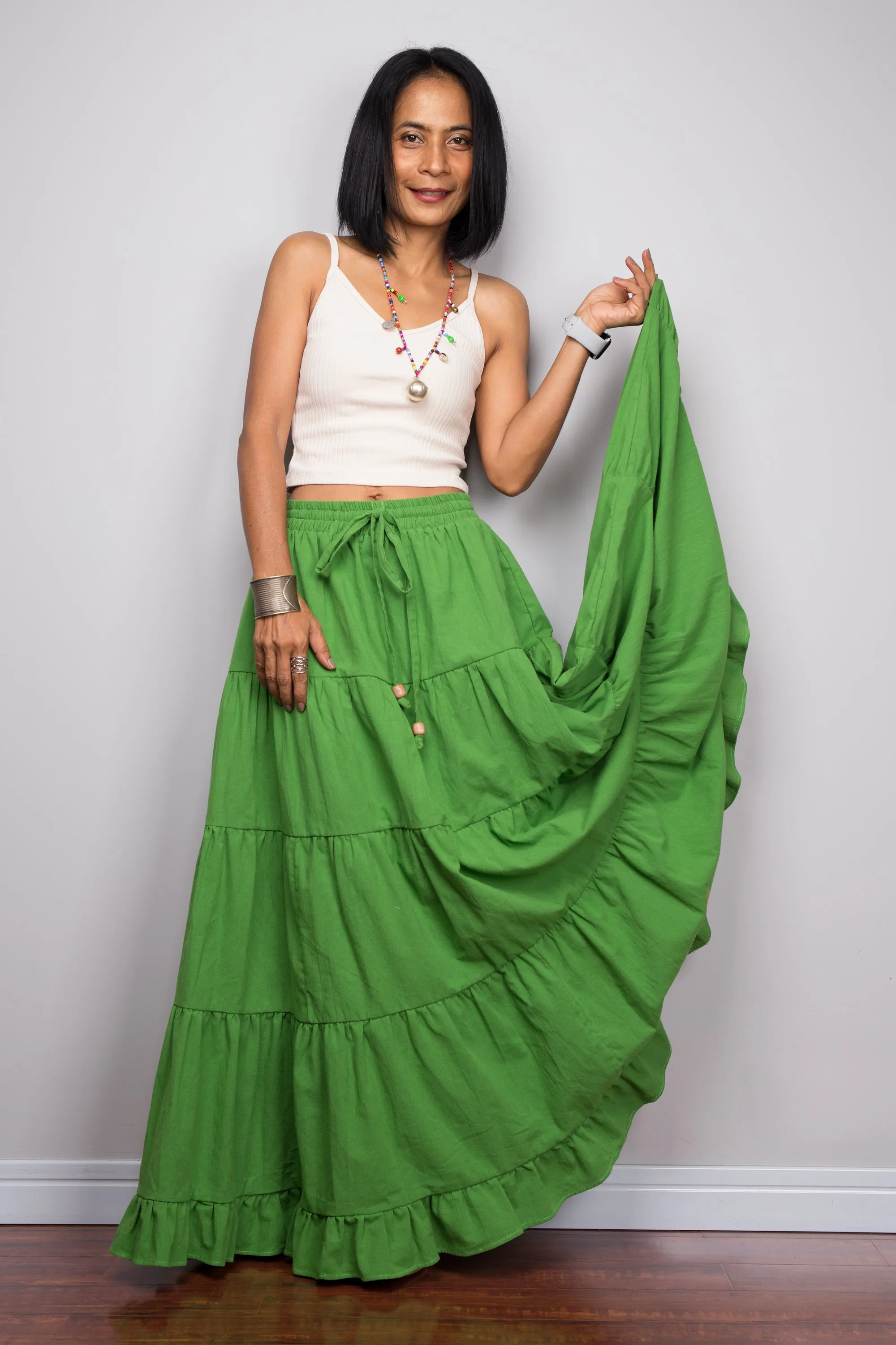 Tiered green peasant maxi skirt