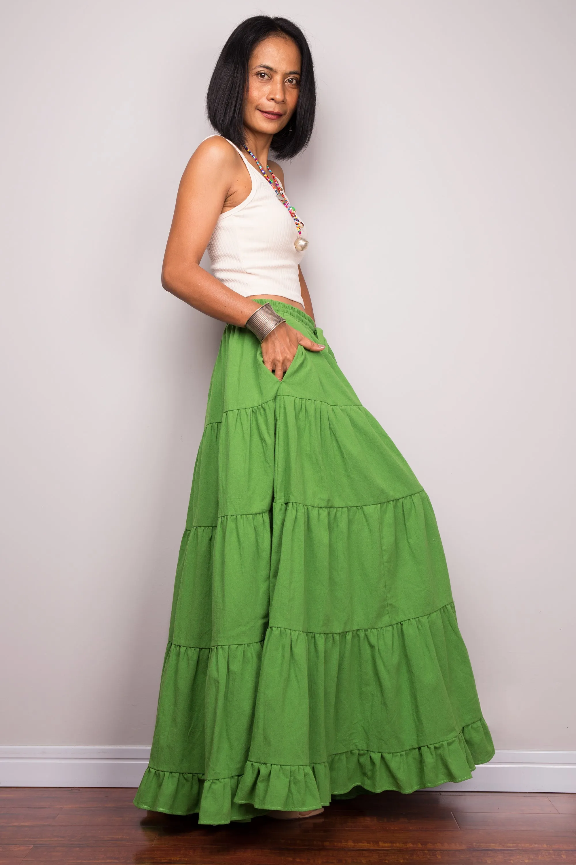 Tiered green peasant maxi skirt