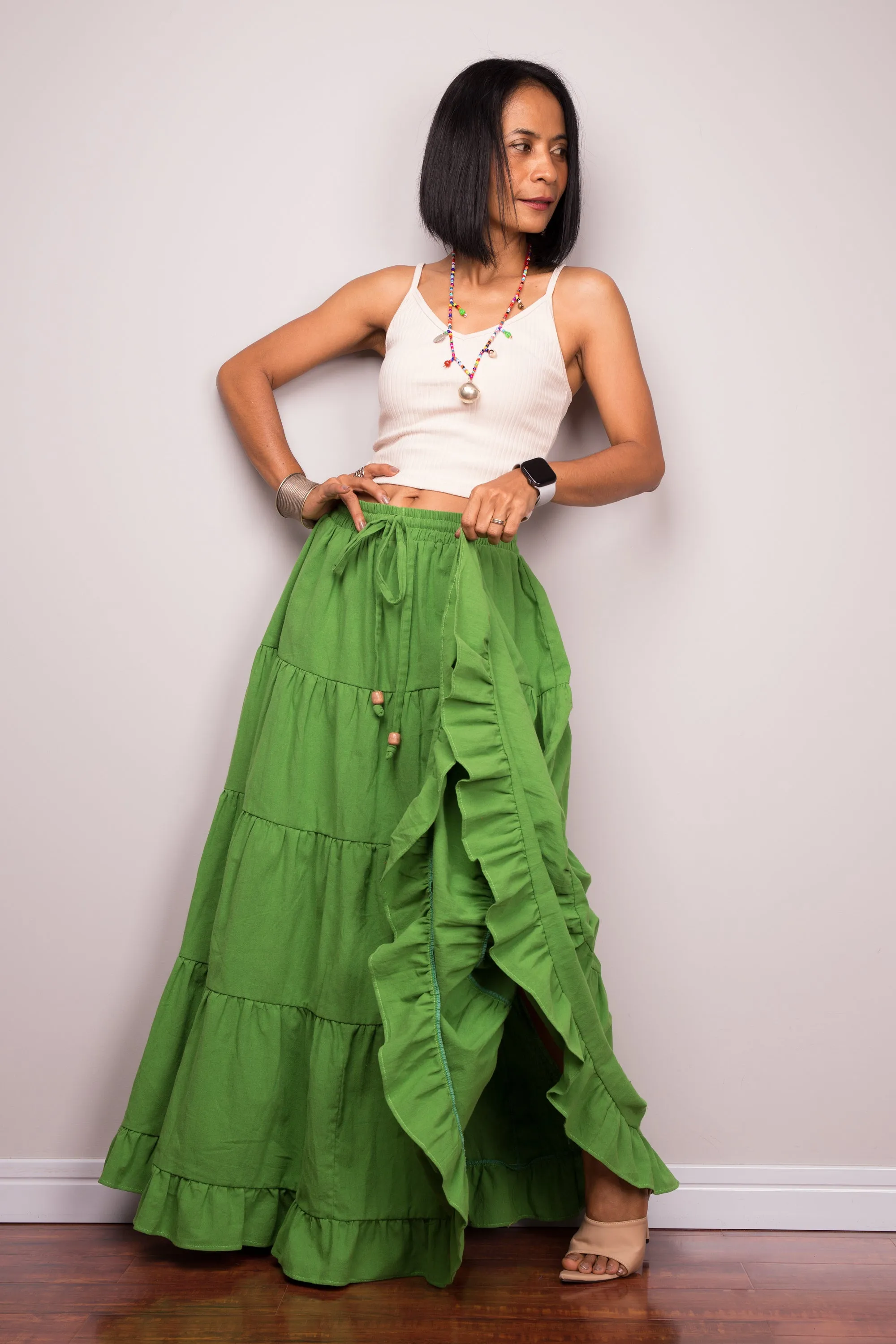 Tiered green peasant maxi skirt