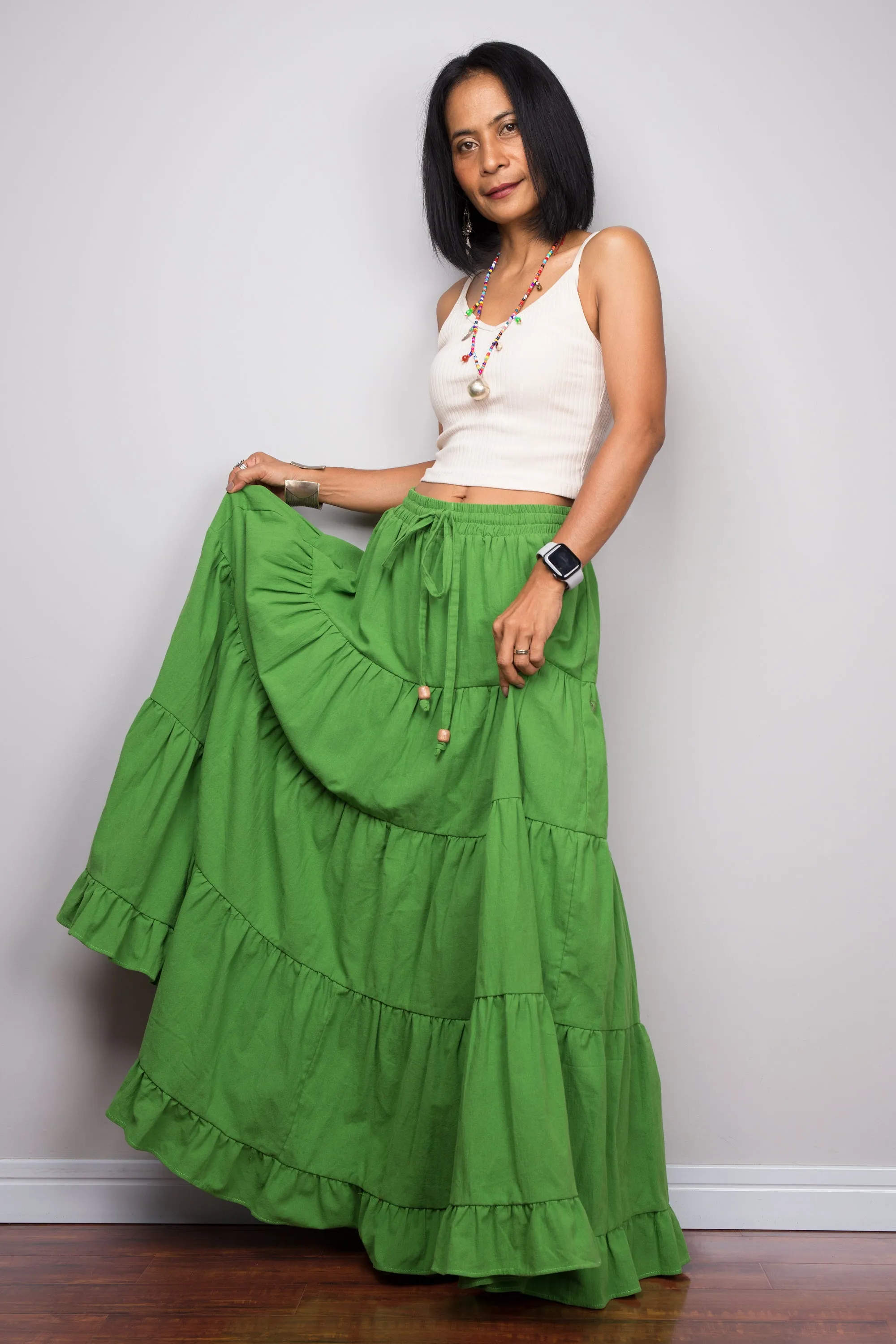 Tiered green peasant maxi skirt