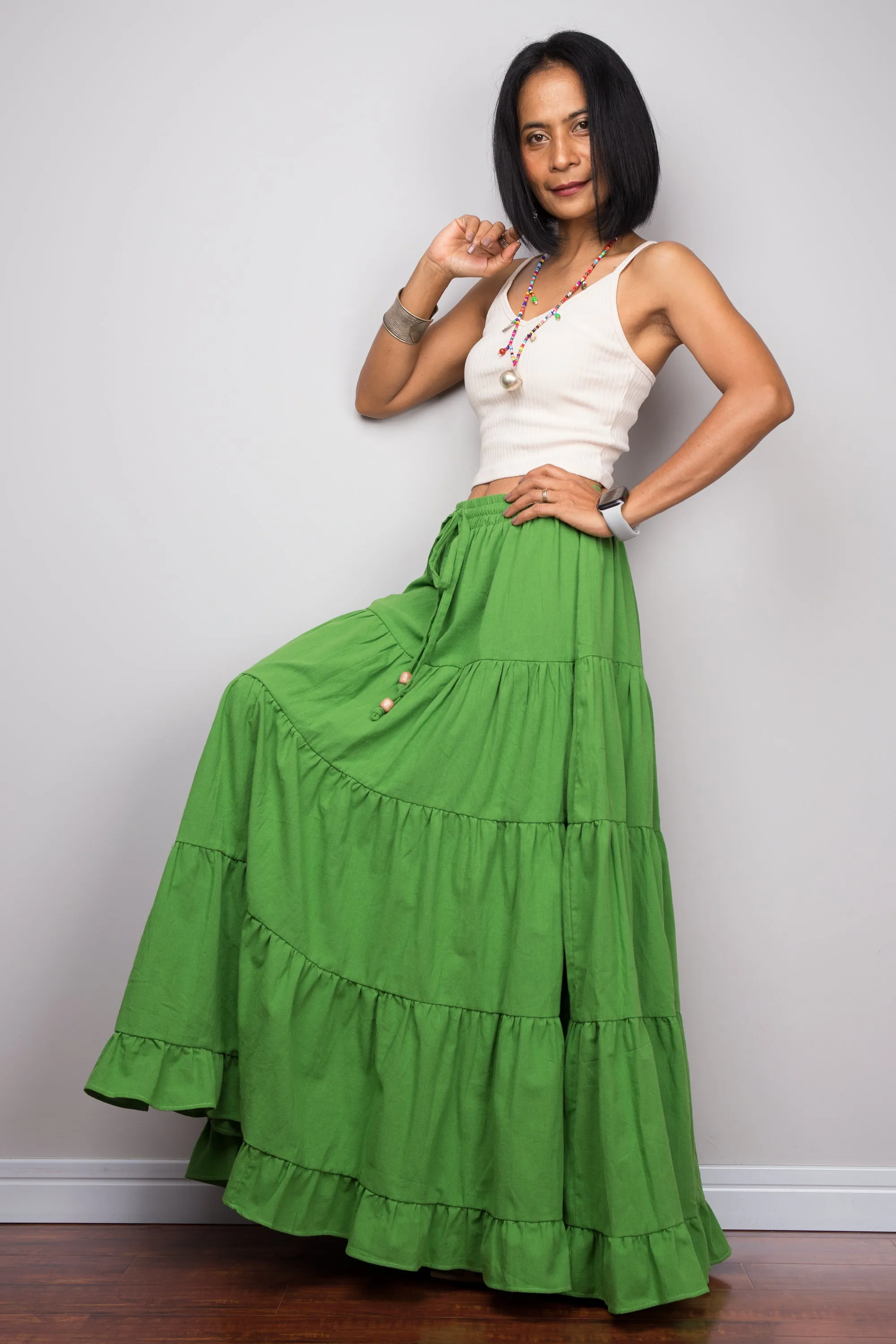 Tiered green peasant maxi skirt