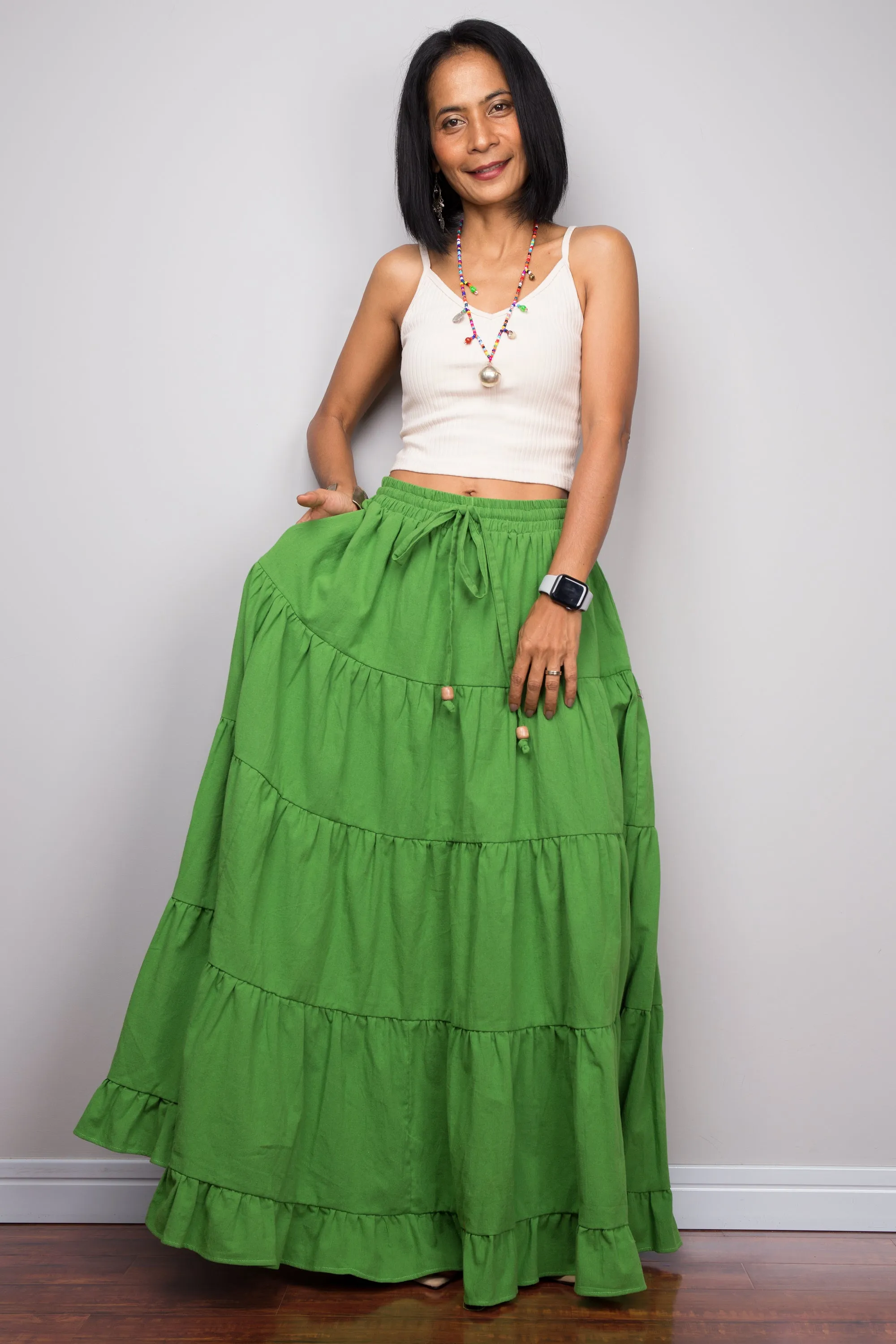 Tiered green peasant maxi skirt