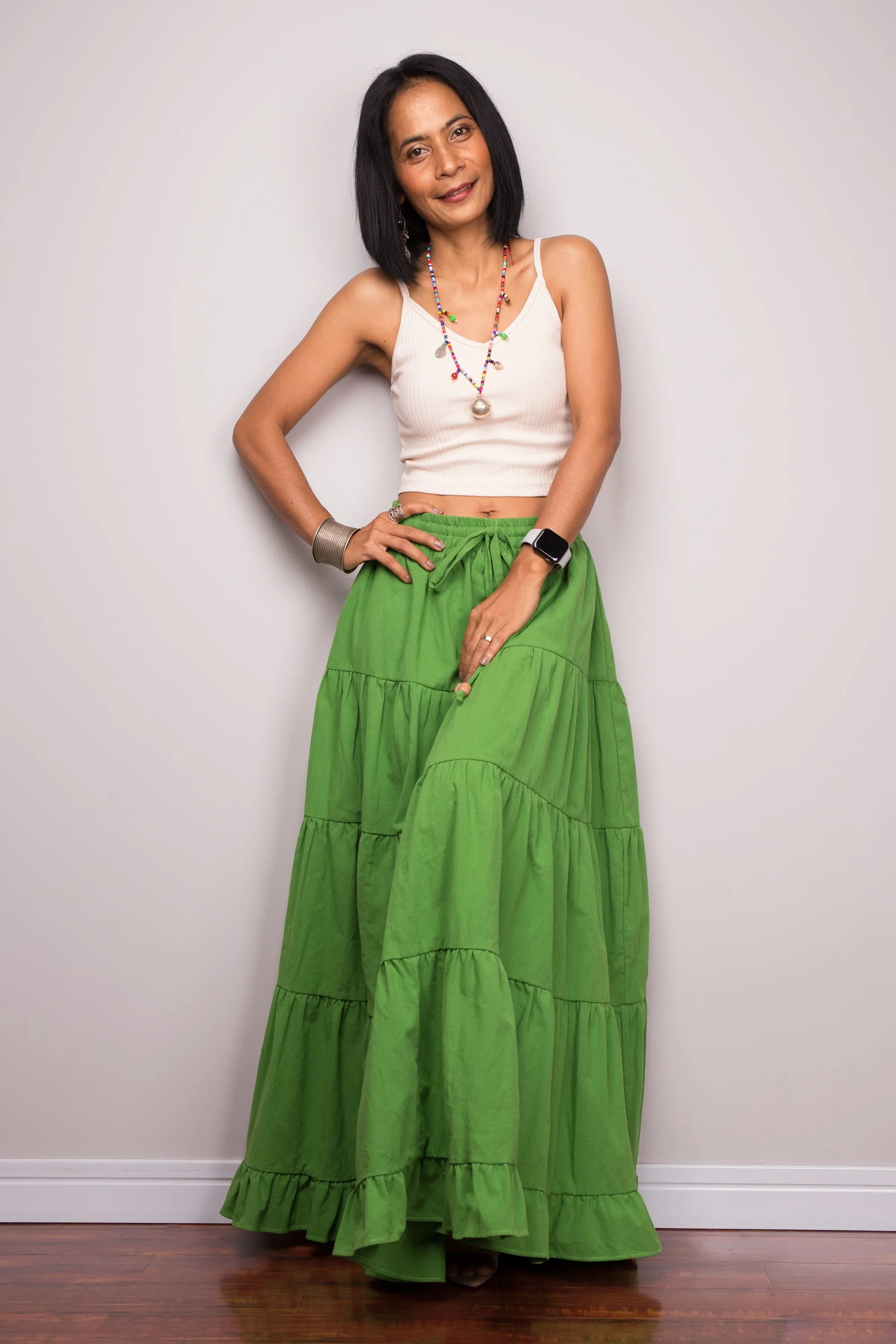 Tiered green peasant maxi skirt