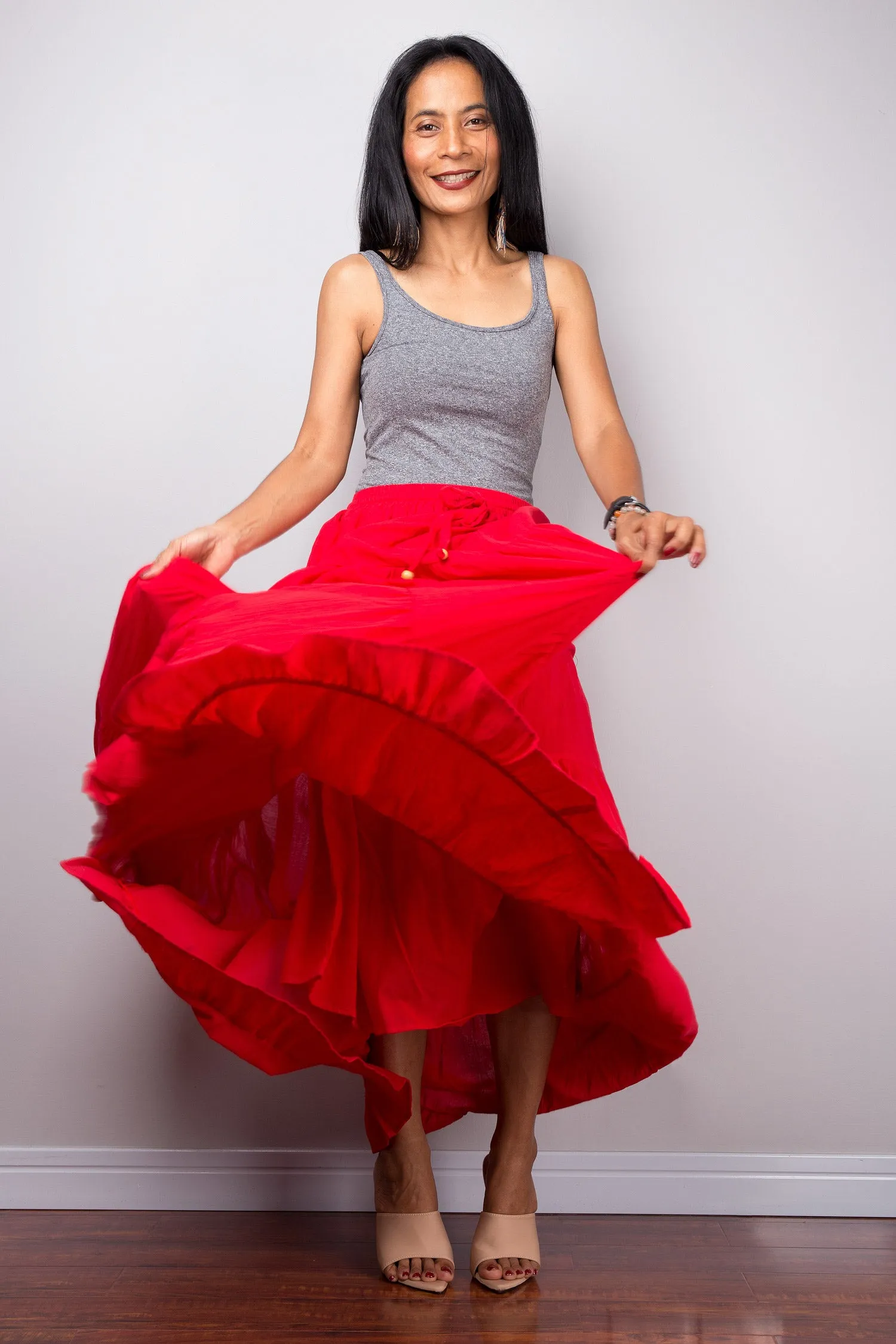 Tiered red peasant maxi skirt