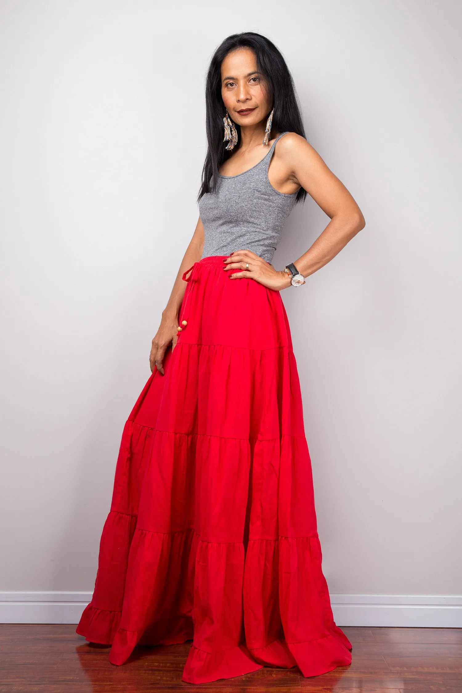 Tiered red peasant maxi skirt