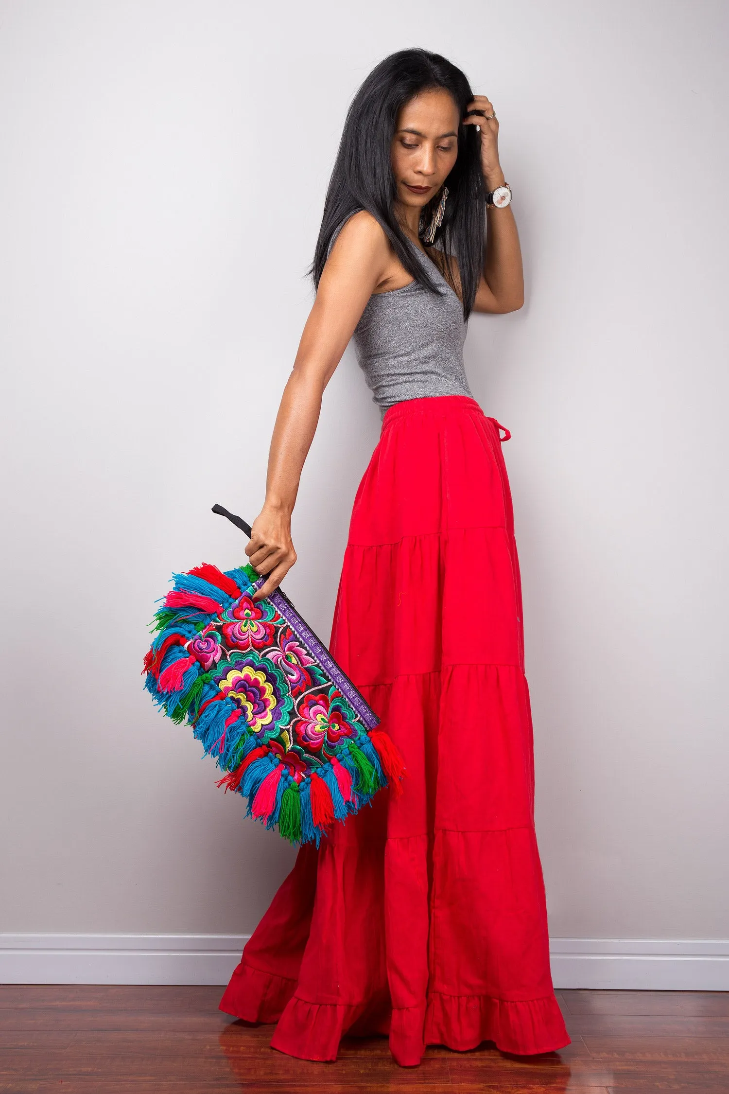 Tiered red peasant maxi skirt