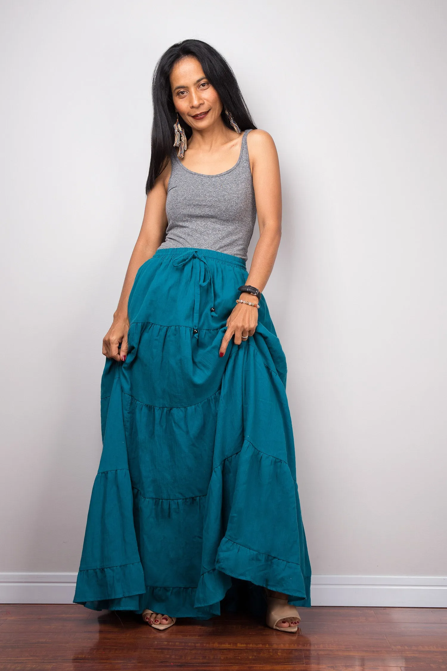 Tiered teal peasant maxi skirt