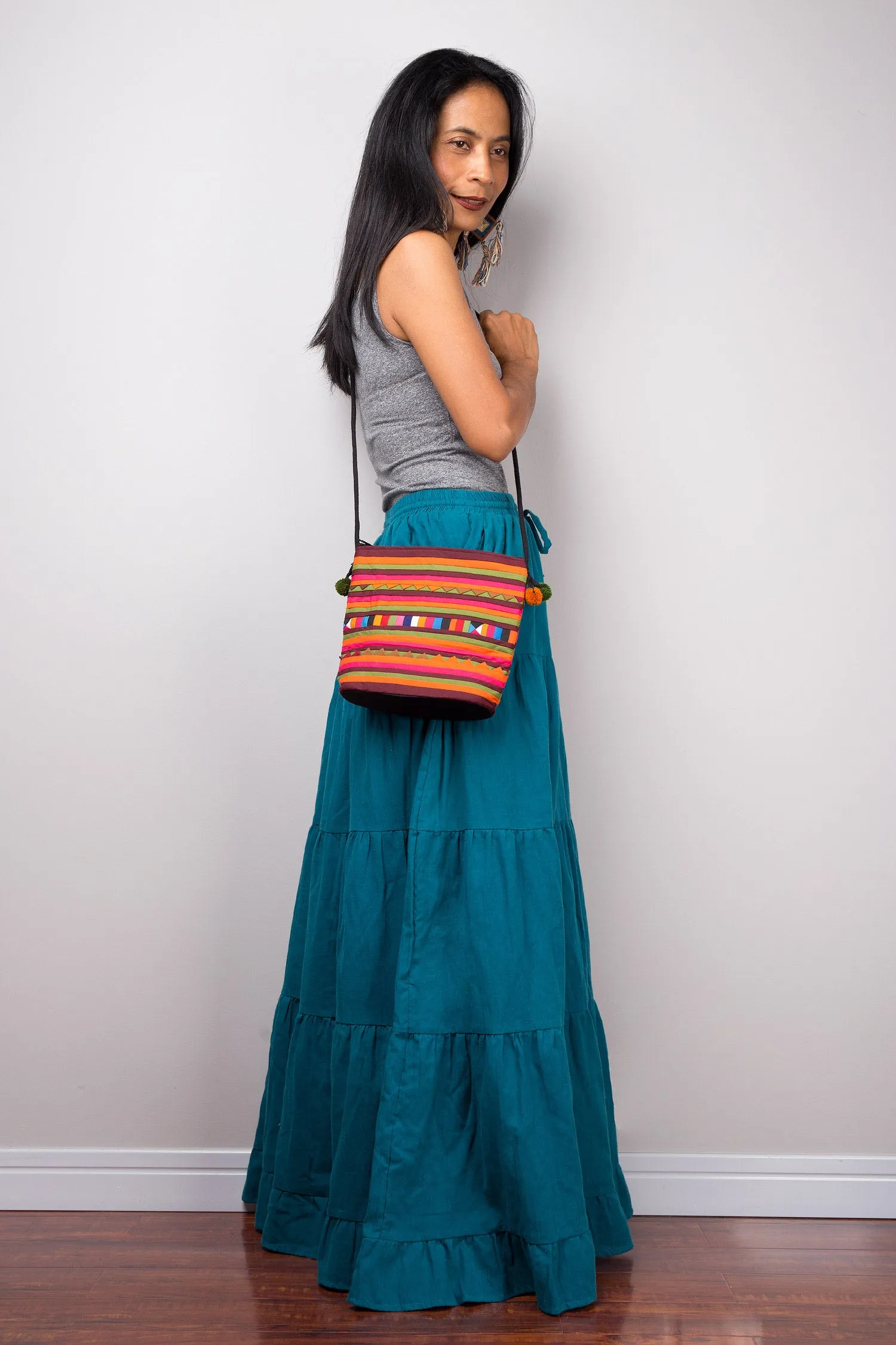 Tiered teal peasant maxi skirt