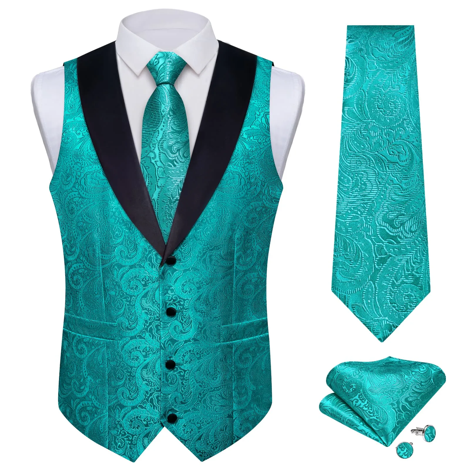 Ties2you Dress Vest Deep Cyan Floral Shawl Collar Silk Mens Waistcoat Tie Set