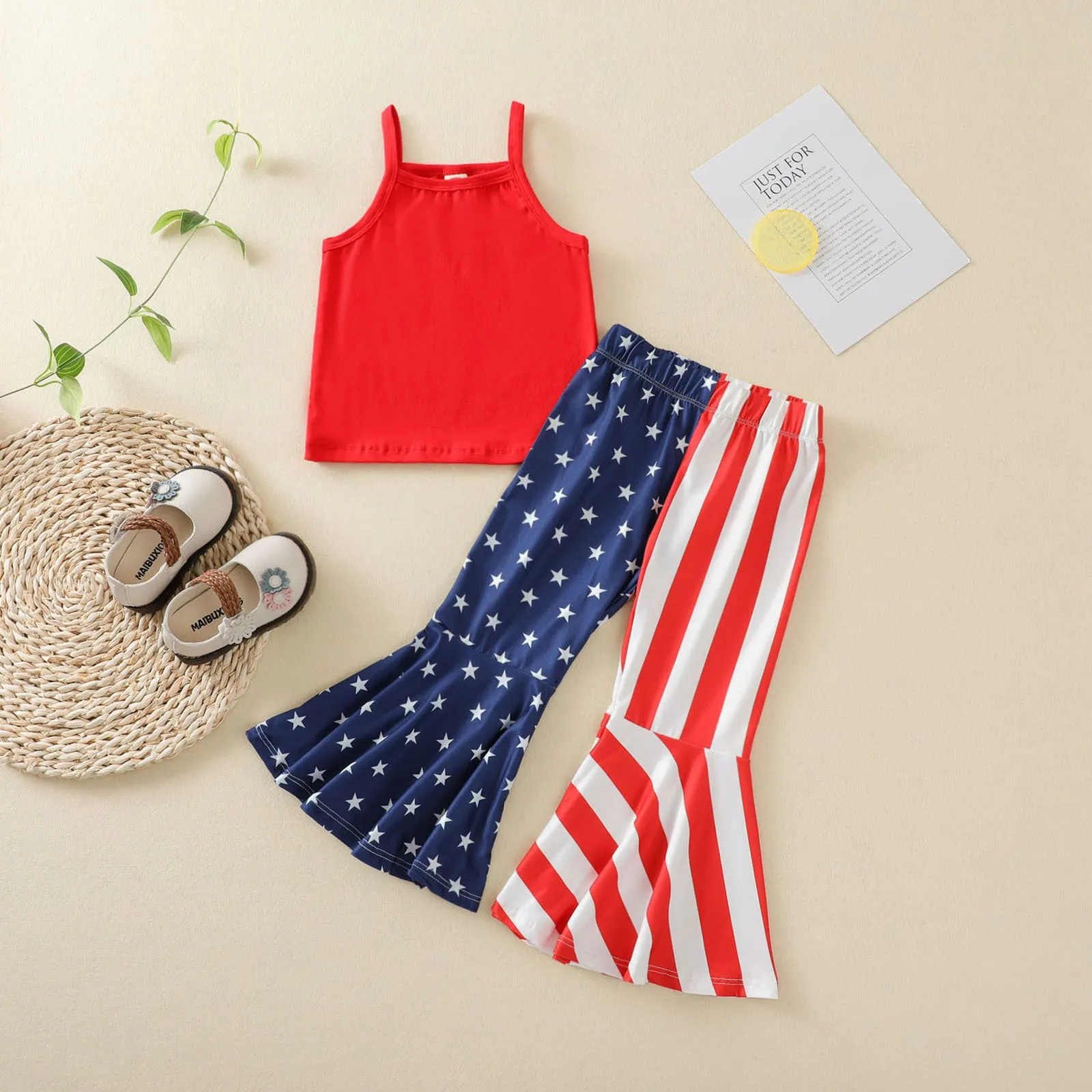 Toddler Girl Summer Sets Independence Day Solid Color Sleeveless Vest And Flared Pants Set Wholesale Clothing For Girls