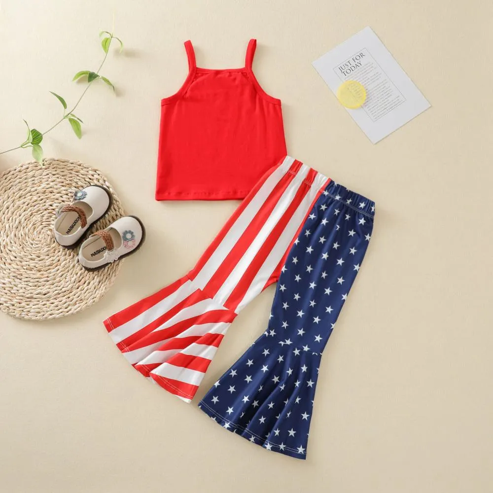 Toddler Girl Summer Sets Independence Day Solid Color Sleeveless Vest And Flared Pants Set Wholesale Clothing For Girls