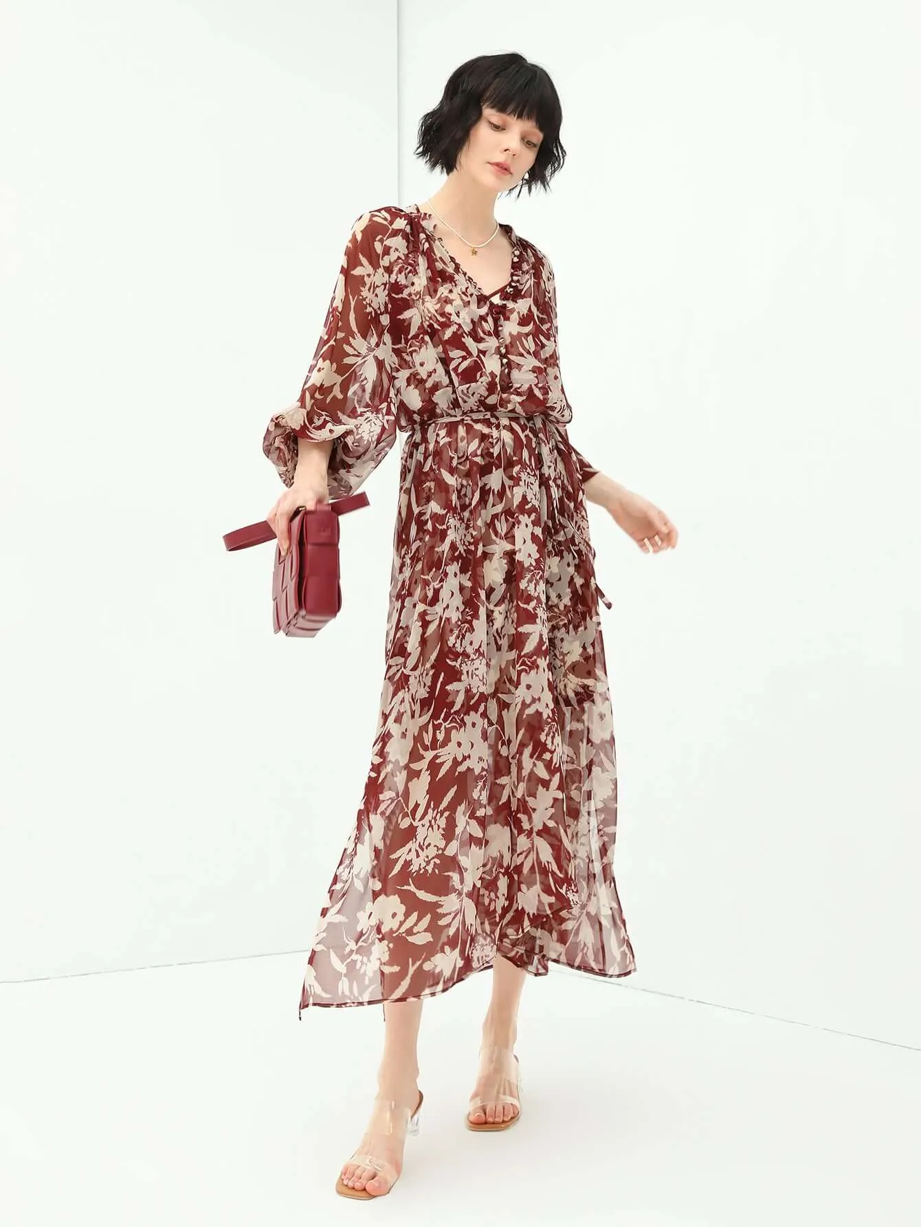 Two-Piece Chiffon Wine Floral Dress Set