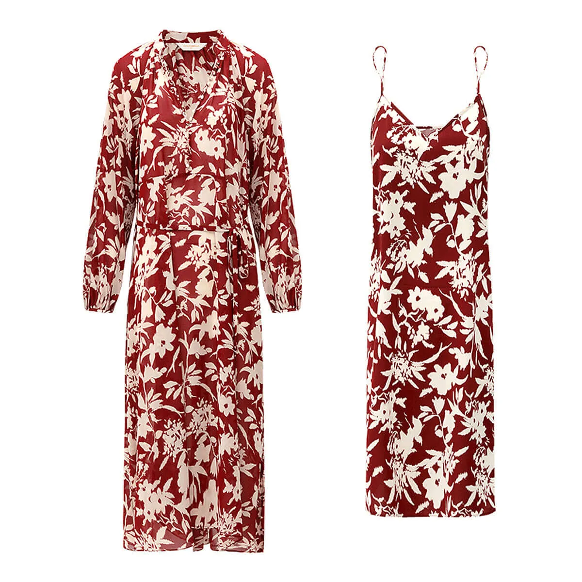 Two-Piece Chiffon Wine Floral Dress Set