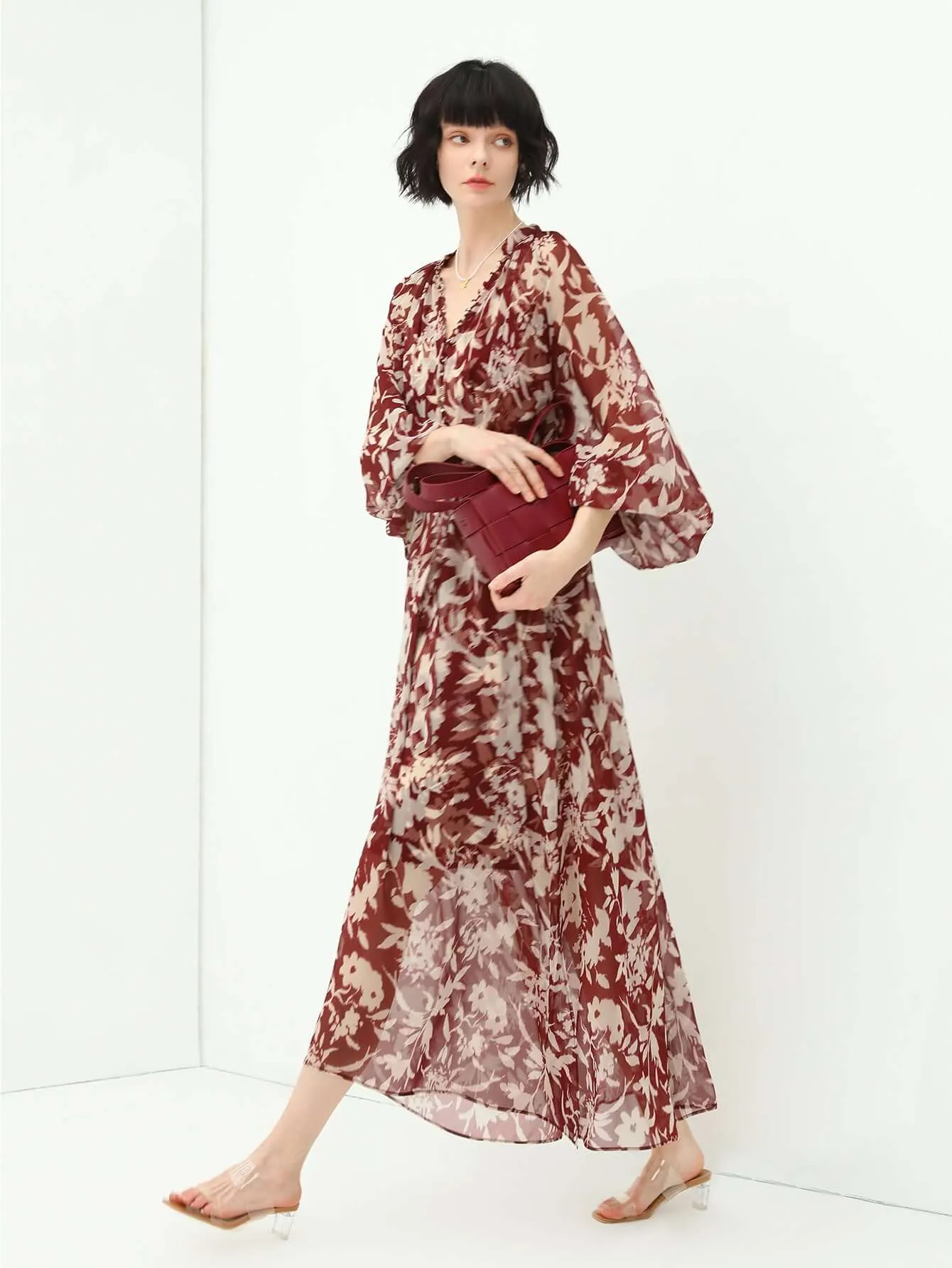 Two-Piece Chiffon Wine Floral Dress Set