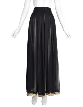 Valentino Vintage Black Sheer Silk Georgette with Metallic Gold Stripe Pleated Full Length Maxi Skirt