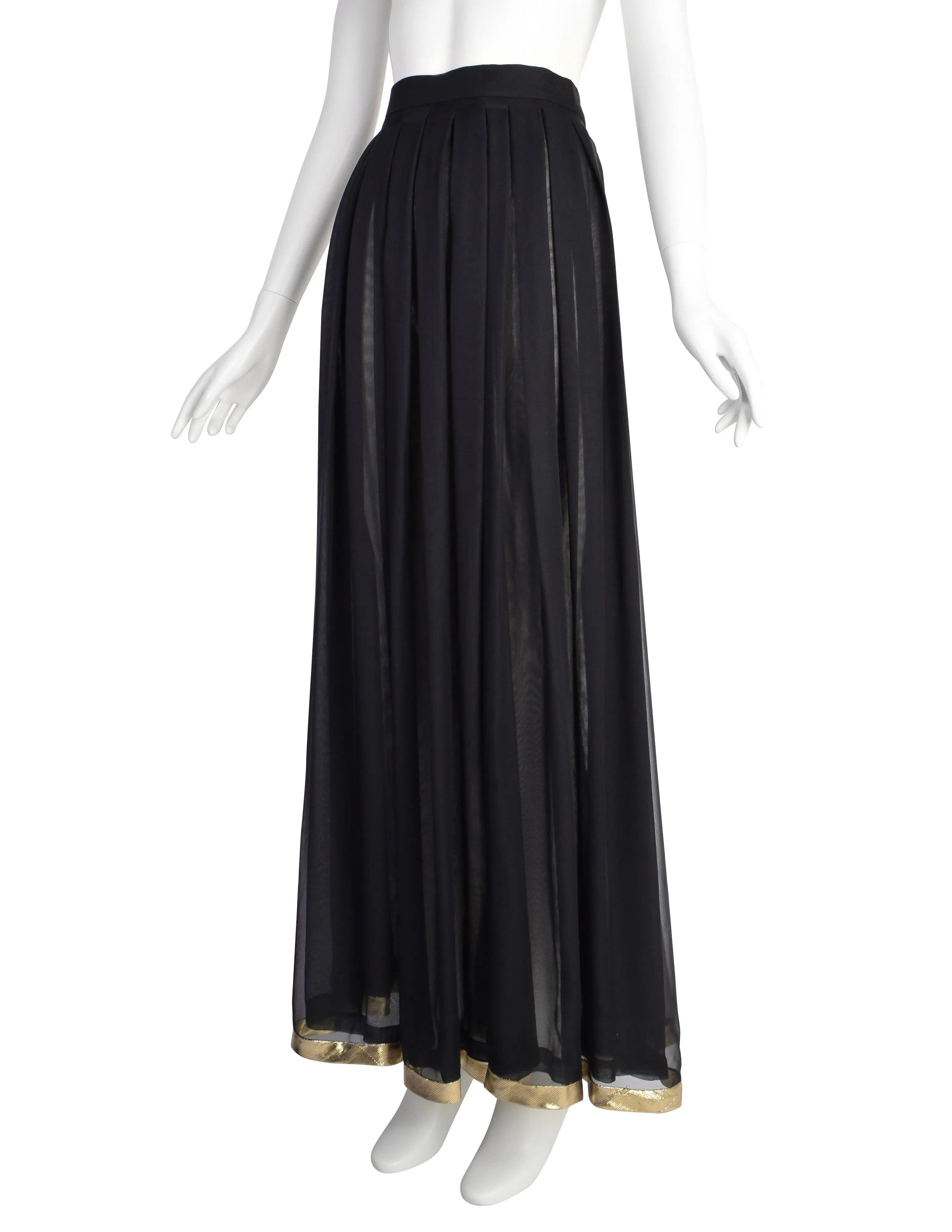 Valentino Vintage Black Sheer Silk Georgette with Metallic Gold Stripe Pleated Full Length Maxi Skirt