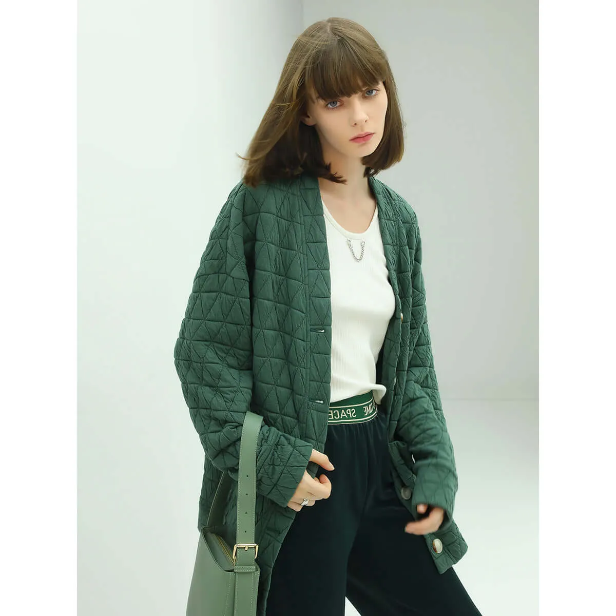 Velvety Collarless Oversized Quilted Coat