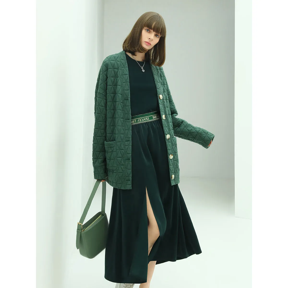 Velvety Collarless Oversized Quilted Coat