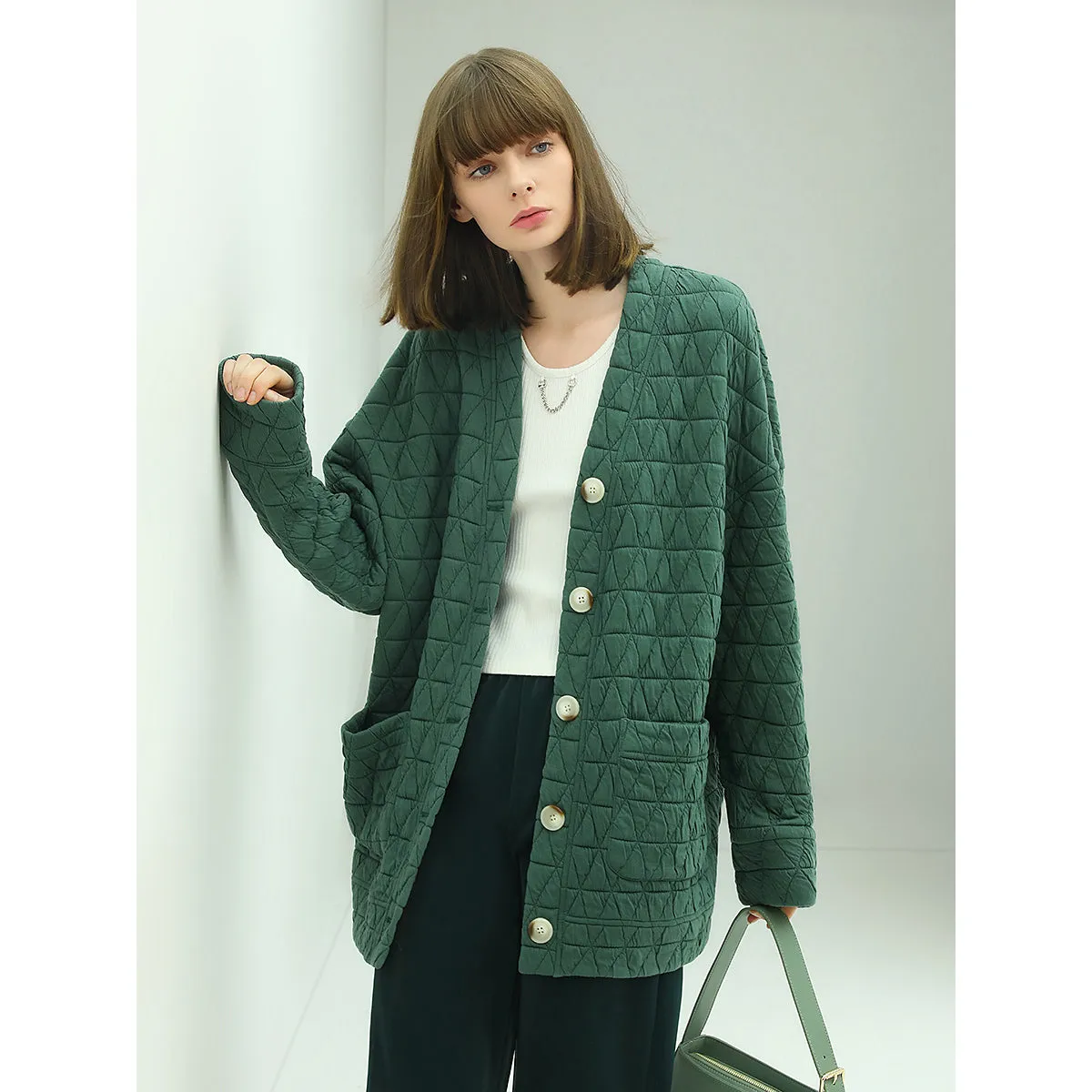 Velvety Collarless Oversized Quilted Coat