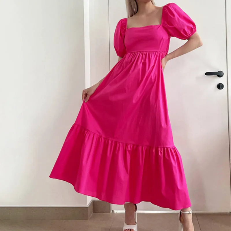 Vibrant Color Summer Midi Dresses with Puff Sleeves