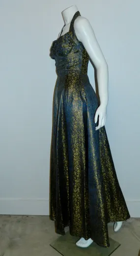 vintage 1950s metallic brocade evening gown / VOGUE Special Design pattern S 4270 / halter dress XS