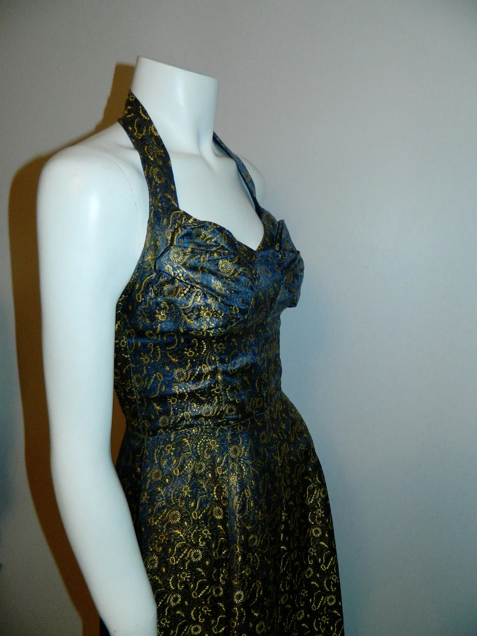 vintage 1950s metallic brocade evening gown / VOGUE Special Design pattern S 4270 / halter dress XS