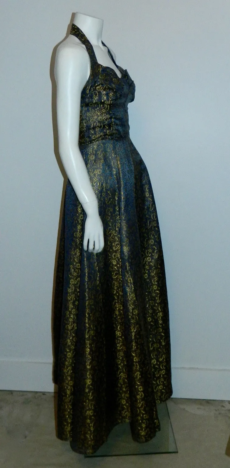 vintage 1950s metallic brocade evening gown / VOGUE Special Design pattern S 4270 / halter dress XS