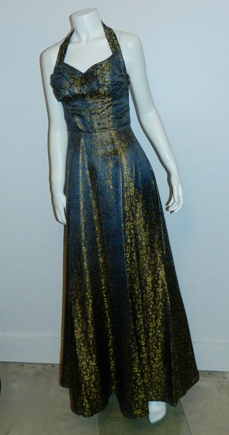 vintage 1950s metallic brocade evening gown / VOGUE Special Design pattern S 4270 / halter dress XS