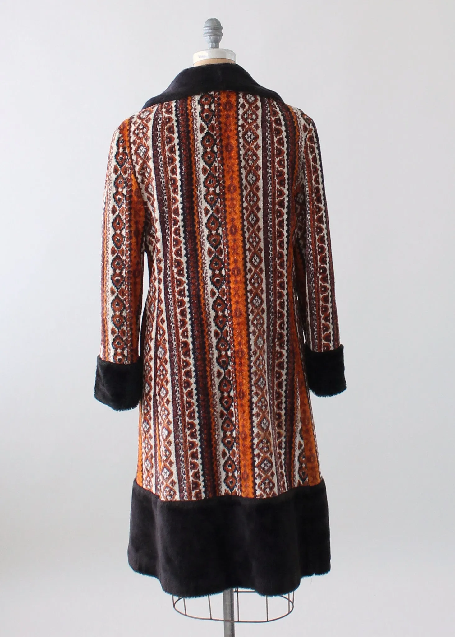 Vintage 1970s Carpet Tapestry Coat with Faux Fur Trim