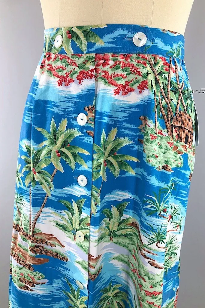 Vintage Blue Hawaiian Print Maxi Skirt