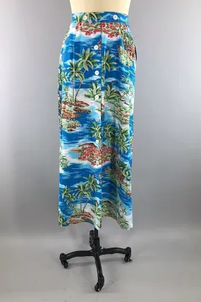 Vintage Blue Hawaiian Print Maxi Skirt